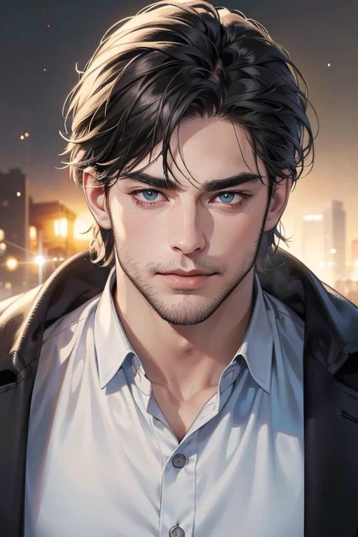 (best quality,4k,8k,highres,masterpiece:1.2),ultra-detailed,(realistic,photorealistic,photo-realistic:1.37),30 year old man,3 day beard,handsome anime,portraits,strong,masculine,dark hair,sharp jawline,mesmerizing eyes,perfectly styled hair,cool anime outfit,confident expression,vibrant colors,dynamic lighting, CEO and expression smile in love.