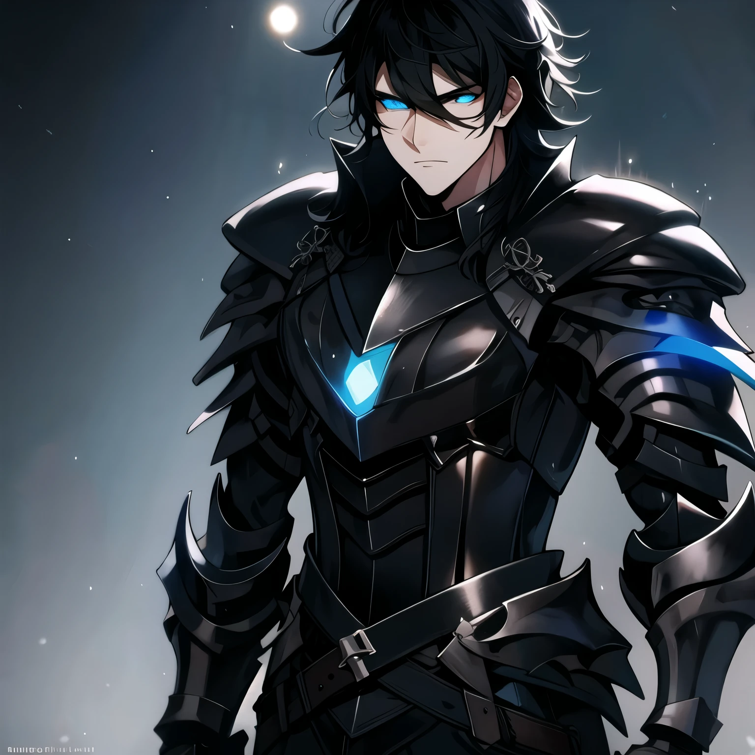 focus on the glowing blue eyes, medium black hair, and add neon blue glowing accents to the black armor. Make the man More mature looking with a stoic face