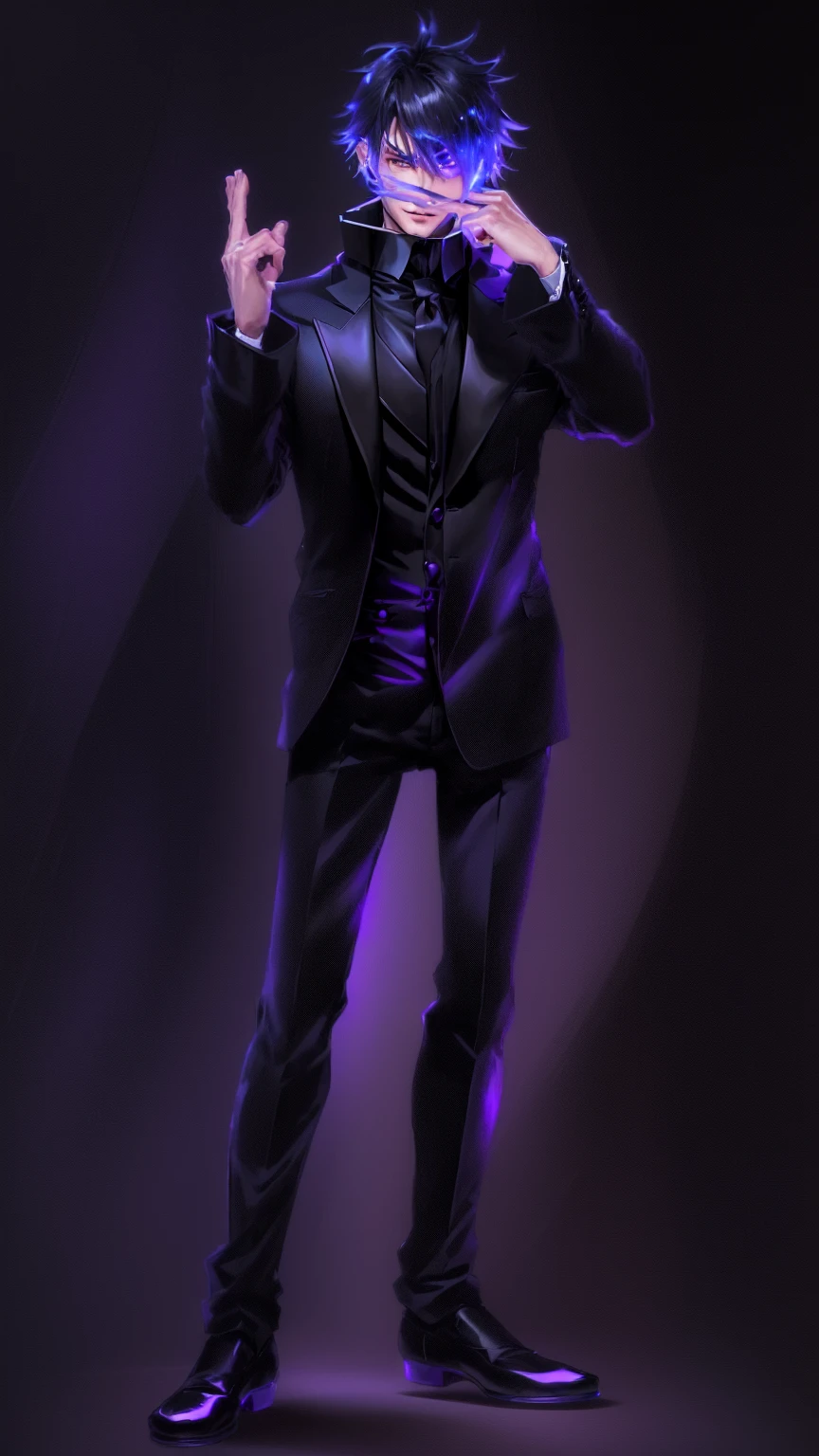 a man in a black suit and purple pants is holding his hand up to his face, anime full body illustration, single character full body, tall anime guy with blue eyes, male anime character, !!full body portrait!!, full body single character, full body illustration, character full body portrait, handsome anime pose, fullbody portrait, official character art, full body character portrait