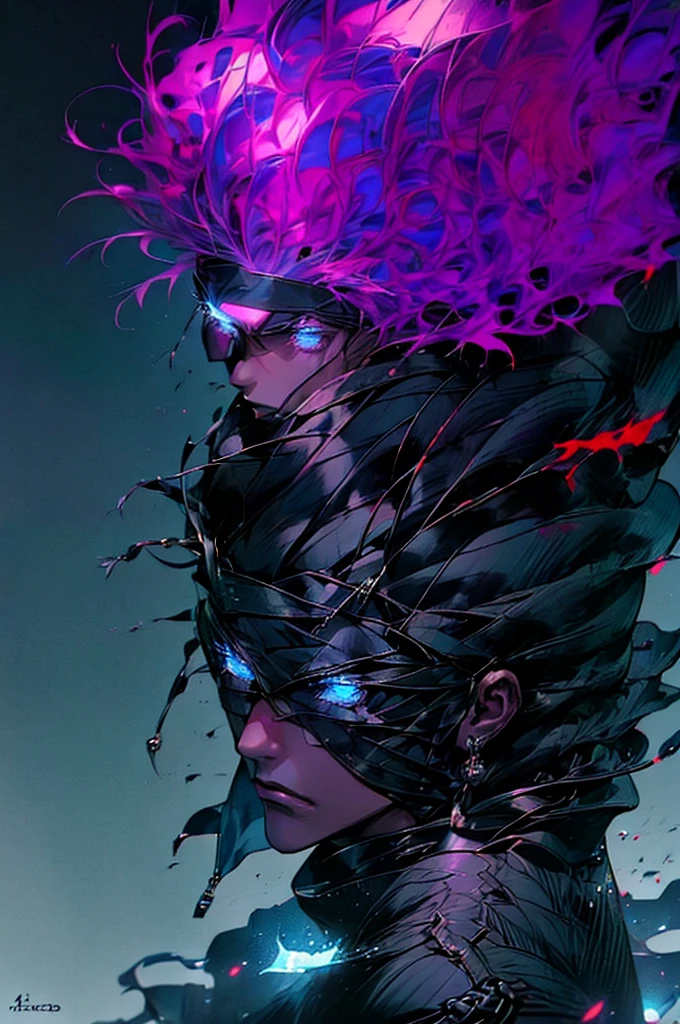 Satoru gojo, using black robes, male character, white hair, shining blue eyes, jujutsu Kaisen character, using his signature hollow purple technique, close up take, portrait take, full hd, 4k, intrincated, dinamic lights, professional digital draw.
