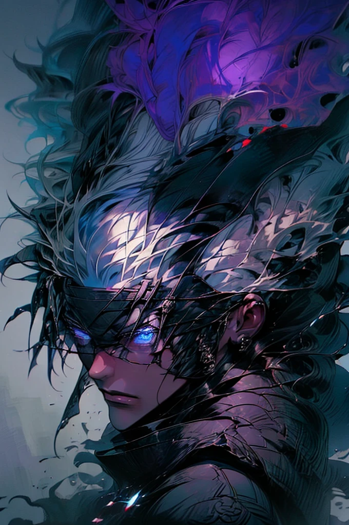 Satoru gojo, using black robes, male character, white hair, shining blue eyes, jujutsu Kaisen character, using his signature hollow purple technique, close up take, portrait take, full hd, 4k, intrincated, dinamic lights, professional digital draw.
