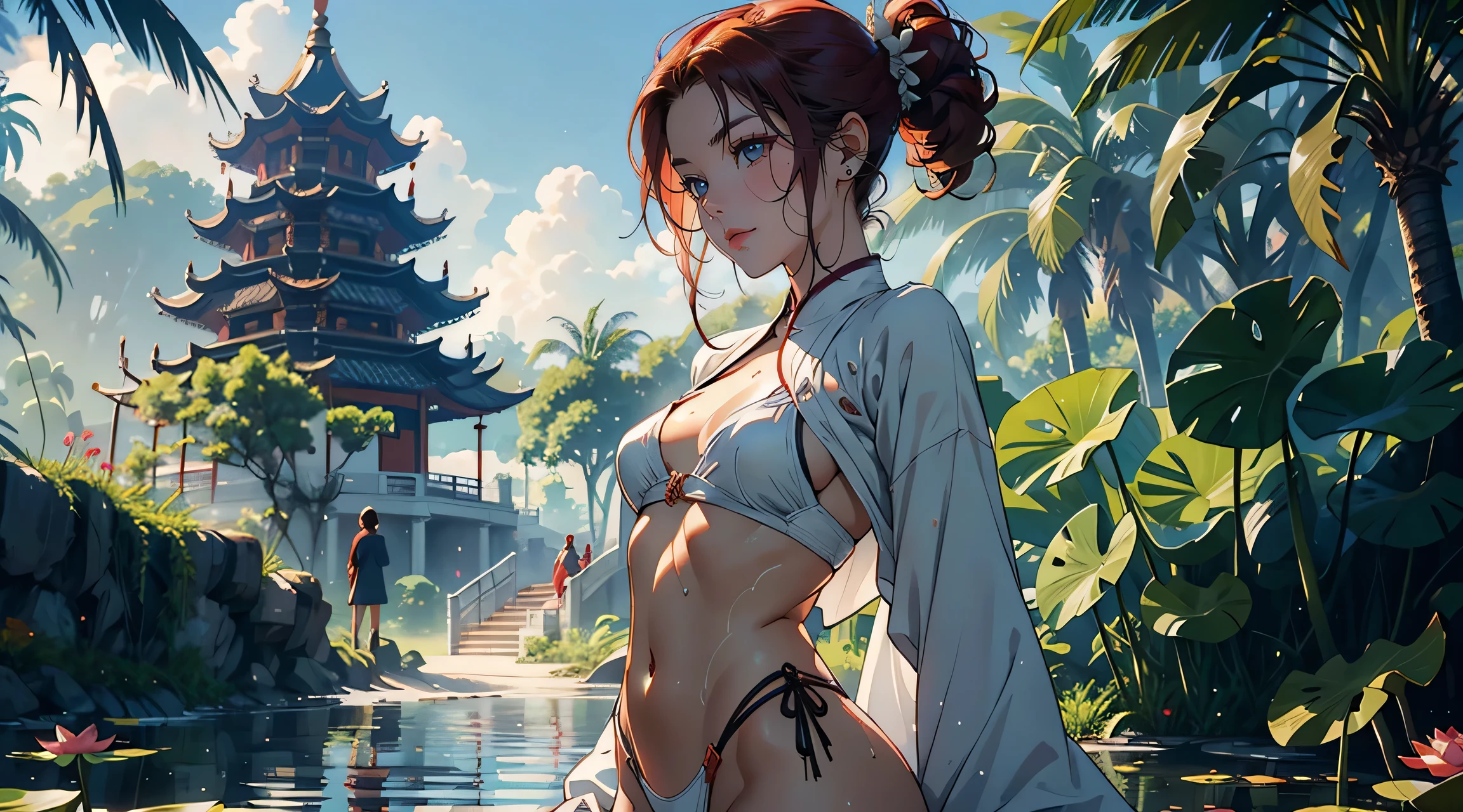 1female,19 year old,Slim,Small ,smallunderboob ,Pornographic exposure, solo,(Background with:Lotus pond,the rainforest,Surrounded by lotus flowers) She has short black hair,standing on your feet,Sweat profusely,drenched all over the body,seen from the front, hair straight, mostly cloudy sky,(((tmasterpiece),(Very detailed CG unity 8K wallpaper),best qualtiy,cinmatic lighting,detailed back ground,beatiful detailed eyes,Bright pupils,(Very fine and beautiful),(Beautiful and detailed eye description)Black eyes,ultra - detailed,tmasterpiece,)),facing at camera,A high resolution,ultra - detailed),revealing breasts,Bare genitals, Bulge,legs are open,Raised sexy,Camel toes,Flushed complexion,Open-mouthed,frontage,elementary student,China Princess,a ball head(Wearing:White Hanfu)((Red hair))(Detailed face)