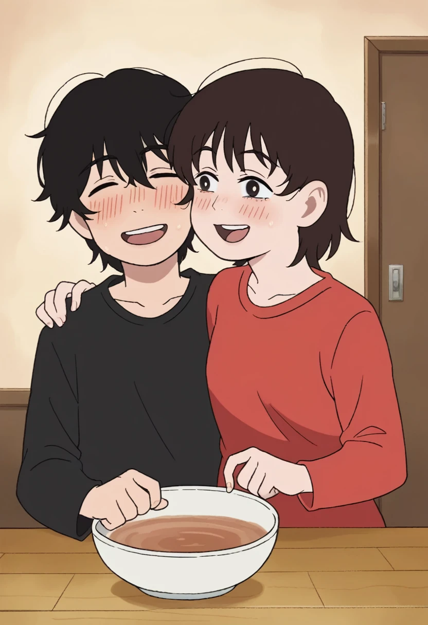 Two anime-style characters in a cozy room. The character on the left has medium-length, messy black hair, partially covering their eyes, and wears a red sweater. They have a subtle, warm smile, showing a sense of contentment, and slightly blushed cheeks. The character on the right, with short brown hair and wearing a simple white shirt, leans close with their mouth open as if talking or laughing. They have a lively and expressive demeanor with blushed cheeks. Both characters are in an affectionate and friendly pose, with the right character's arm around the left's shoulder. In the background, there's a wooden door and a table with a bowl of snacks. The image should reflect a close, warm relationship between the characters, and the style should mimic the detailed, expressive look of the "Look Back" anime.