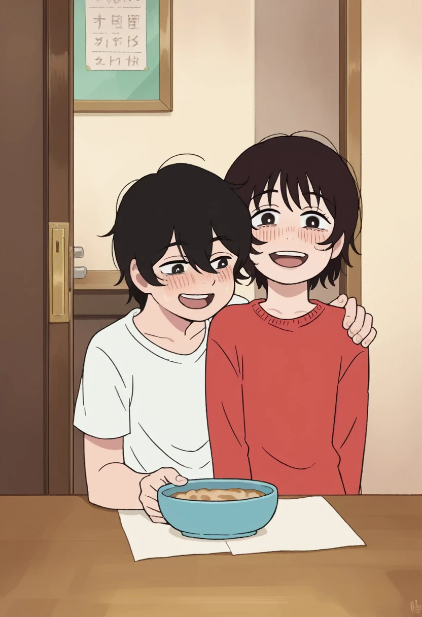 Two anime-style characters in a cozy room. The character on the left has medium-length, messy black hair, partially covering their eyes, and wears a red sweater. They have a subtle, warm smile, showing a sense of contentment, and slightly blushed cheeks. The character on the right, with short brown hair and wearing a simple white shirt, leans close with their mouth open as if talking or laughing. They have a lively and expressive demeanor with blushed cheeks. Both characters are in an affectionate and friendly pose, with the right character's arm around the left's shoulder. In the background, there's a wooden door and a table with a bowl of snacks. The image should reflect a close, warm relationship between the characters, and the style should mimic the detailed, expressive look of the "Look Back" anime.