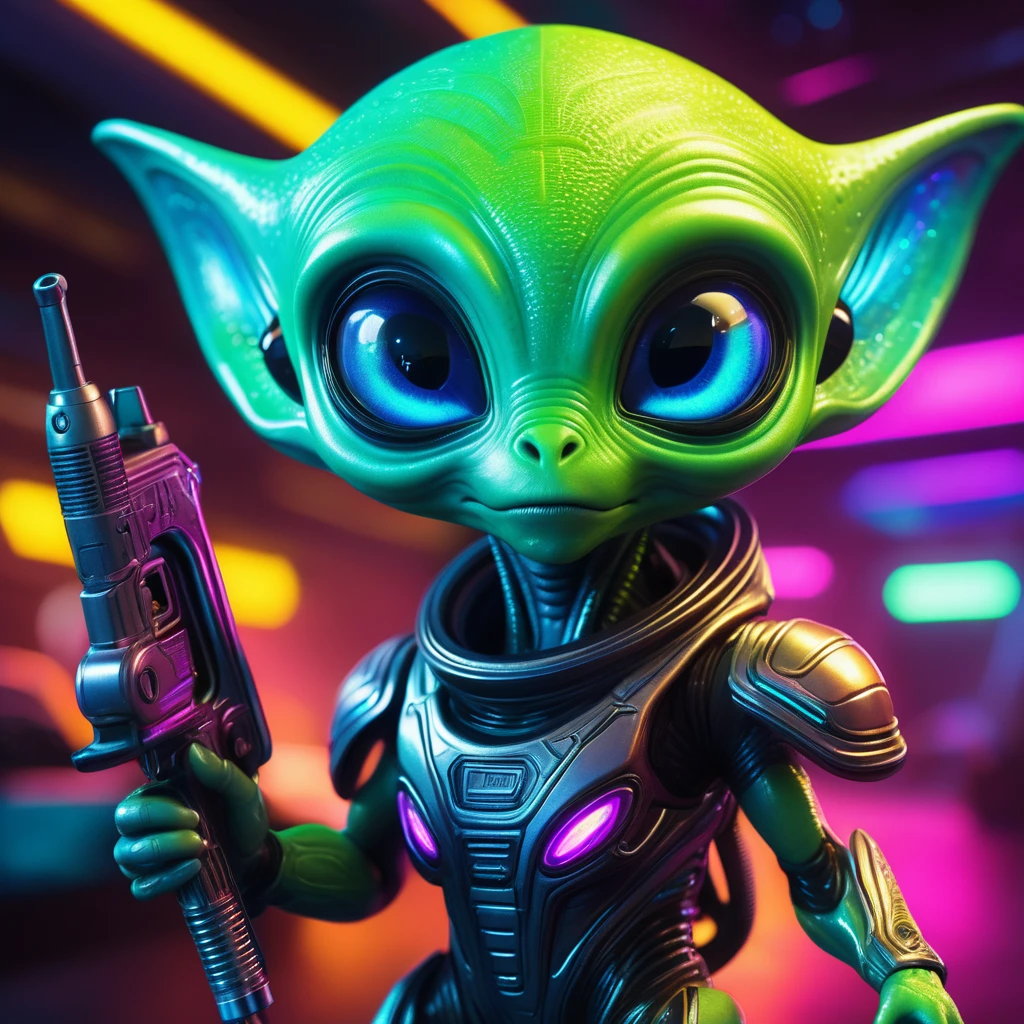 cute alien with a space gun, 1 alien, detailed alien face, alien holding futuristic space gun, detailed alien hands, detailed alien eyes, detailed alien expression, alien in a sci-fi setting, advanced alien technology, glowing neon lights, vibrant color palette, cinematic lighting, dramatic shadows, intricate alien features, detailed alien skin texture