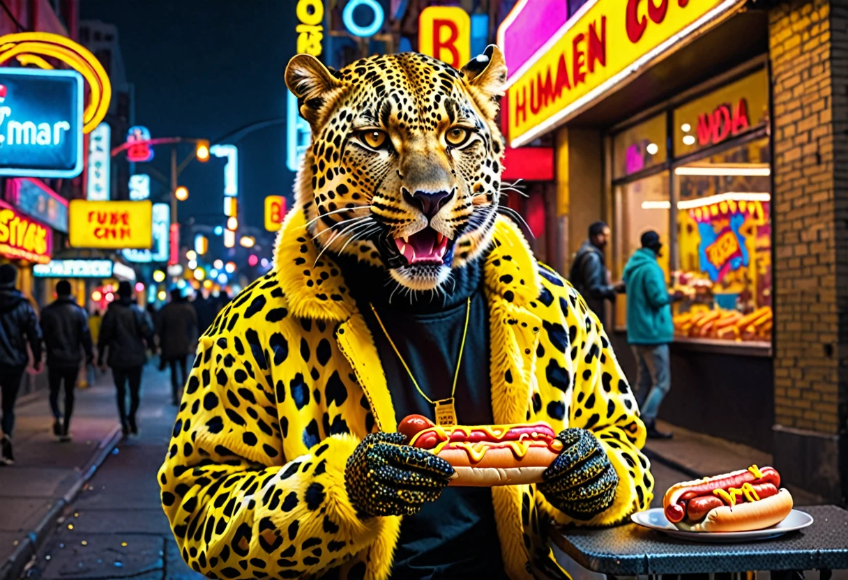 Realistic leopard beastman, eating hot dog, urban setting, detailed fur pattern, golden yellow and black spots, humanoid, casual clothing, bustling street, neon lights, night time, photorealistic, high detail, modern cityscape, vibrant colors.