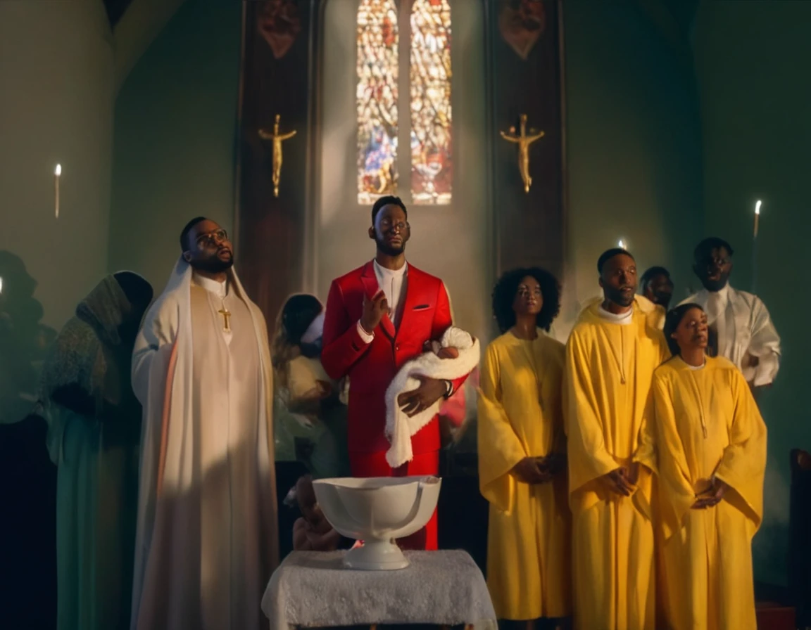 An ultra realistic church altar, Gothic style, in front of the pupto in the center we have a black man, holding a newborn baby wrapped in a white blanket, on the left side we have a priest with open arms with an astonished look and on the right side a choir with white clothes and white veils looking at the man with an appearance of fear. The man in the red blazer and red hat holds the baby as if he was going to baptize it