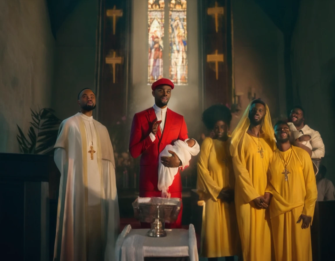 An ultra realistic church altar, Gothic style, in front of the pupto in the center we have a black man, holding a newborn baby wrapped in a white blanket, on the left side we have a priest with open arms with an astonished look and on the right side a choir with white clothes and white veils looking at the man with an appearance of fear. The man in the red blazer and red hat holds the baby as if he was going to baptize it