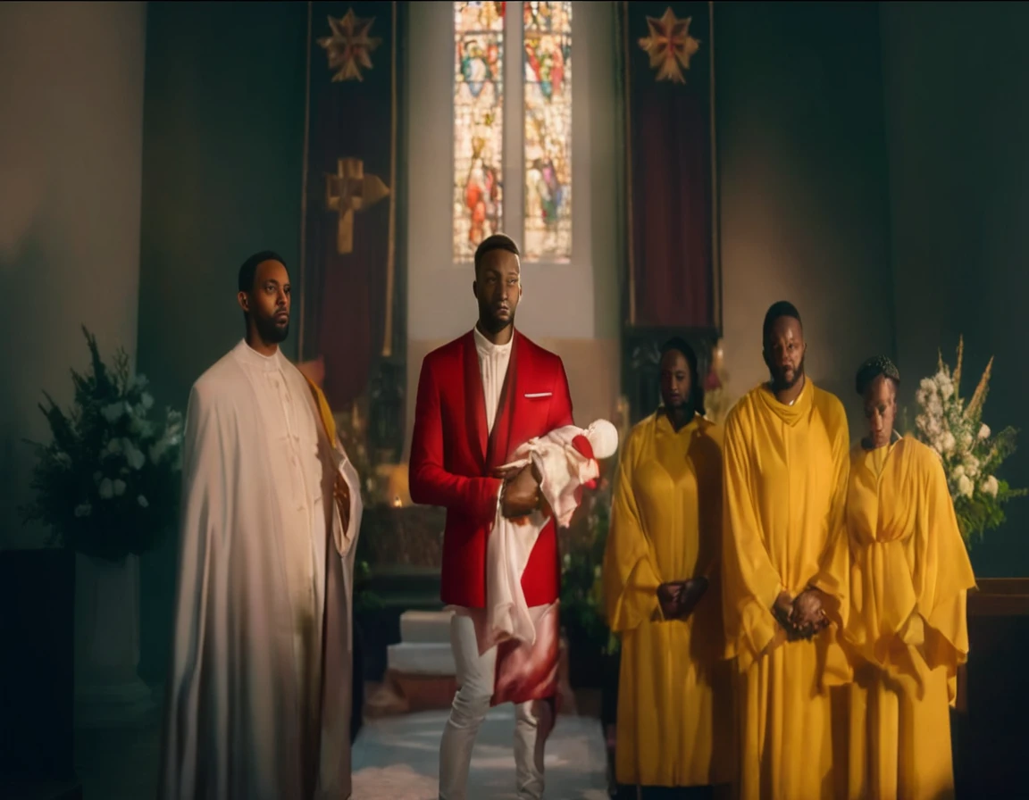 An ultra realistic church altar, Gothic style, in front of the pupto in the center we have a black man, holding a newborn baby wrapped in a white blanket, on the left side we have a priest with open arms with an astonished look and on the right side a choir with white clothes and white veils looking at the man with an appearance of fear. The man in the red blazer and red hat holds the baby as if he was going to baptize it