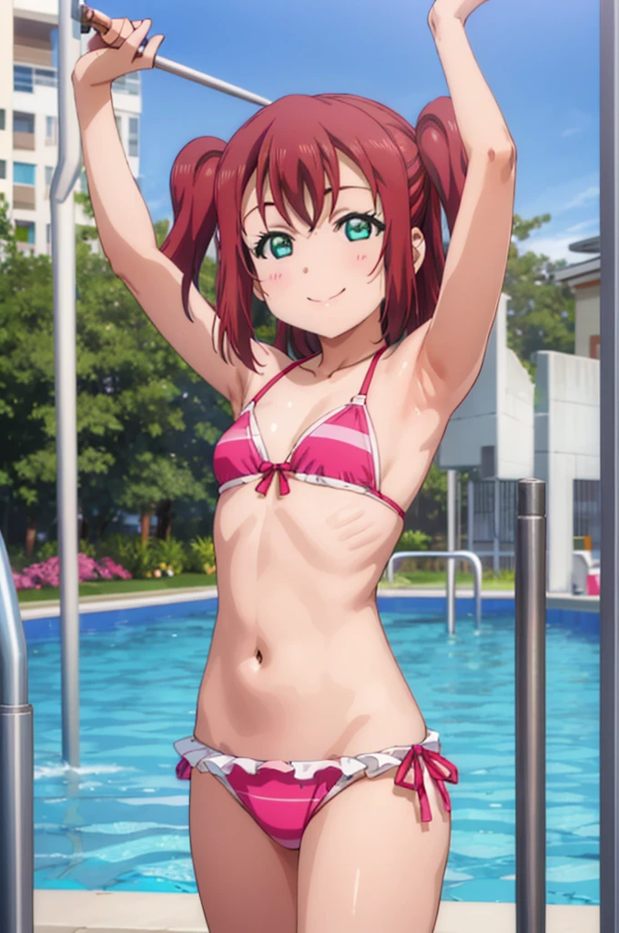 (((pixel-perfect, detail-perfect))), solo, 1girl, ruby kurosawa, smile, pool, bikini, armpit, flat filesize, ultra High Qality