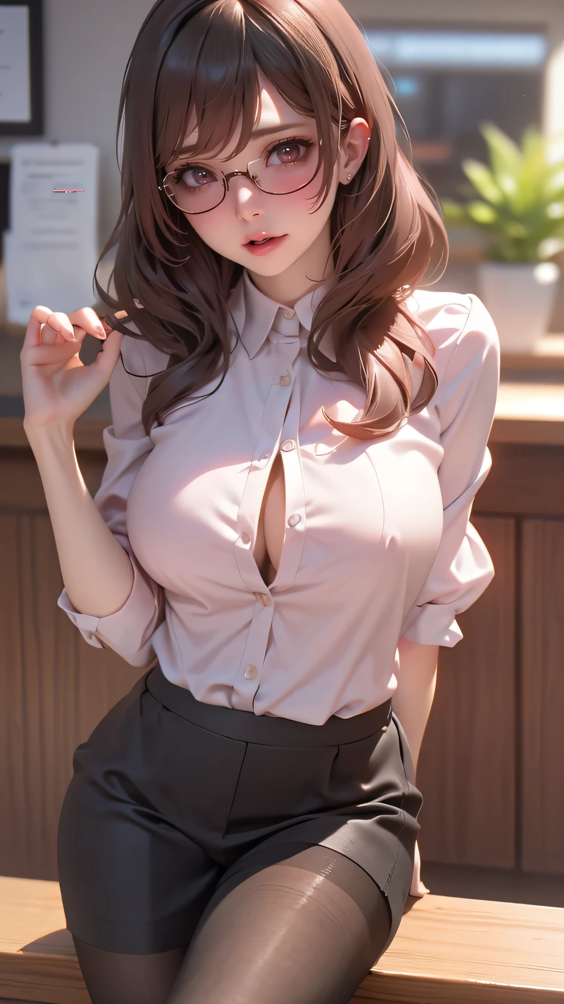 1woman,random office lady fashion,(Thin type),(large breasts),(random sexy pose),(random hairstyle),(Highest image quality,(8K), Ultra-realistic, Best Quality, High quality, High Definition, high quality texture, high detailing, Beautiful detailed, fine detailed, extremely details CG, Detailed texture, realistic representation of face, masterpiece, presence),(wearing glasses:1.2),black pantyhose