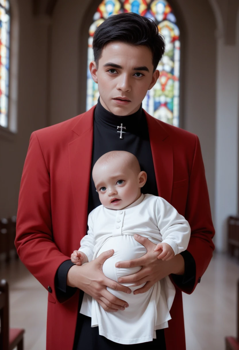 An ultra realistic church altar, Gothic style, in front of the pupto in the center we have a black man, holding a newborn baby wrapped in a white blanket, on the left side we have a priest with open arms with an astonished look and on the right side a choir with white clothes and white veils looking at the man with an appearance of fear. The man in the red blazer and red hat holds the baby as if he was going to baptize it