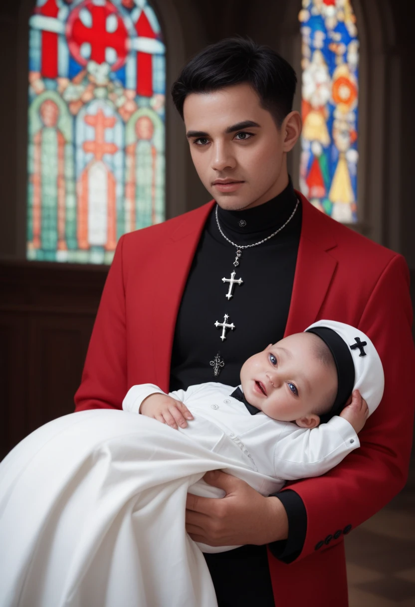 An ultra realistic church altar, Gothic style, in front of the pupto in the center we have a black man, holding a newborn baby wrapped in a white blanket, on the left side we have a priest with open arms with an astonished look and on the right side a choir with white clothes and white veils looking at the man with an appearance of fear. The man in the red blazer and red hat holds the baby as if he was going to baptize it