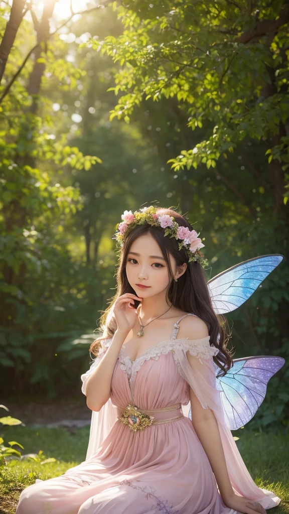 Sit on、Fairy of light appeared in the forest at dusk in spring. She is beautiful,Big fairy wings, Bright female statue with stained glass butterfly wings on her back. She wears elaborate and delicate jewelry.. Fantastic forest fountain with wildflowers. detailed drawin. Vibrant colors. expensive、Lake at dusk、Lotus flower、Pink Dress、Highest quality、Bokeh Depth of Field、Front Focus、fog、Cuticle hair