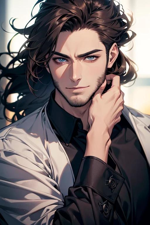 (best quality,4k,8k,highres,masterpiece:1.2),ultra-detailed,(realistic,photorealistic,photo-realistic:1.37),30 year old man,3 day beard,handsome anime,portraits,strong,masculine,dark hair,sharp jawline,mesmerizing eyes,perfectly styled hair,cool anime outfit,confident expression,vibrant colors,dynamic lighting, CEO and expression smile in love.