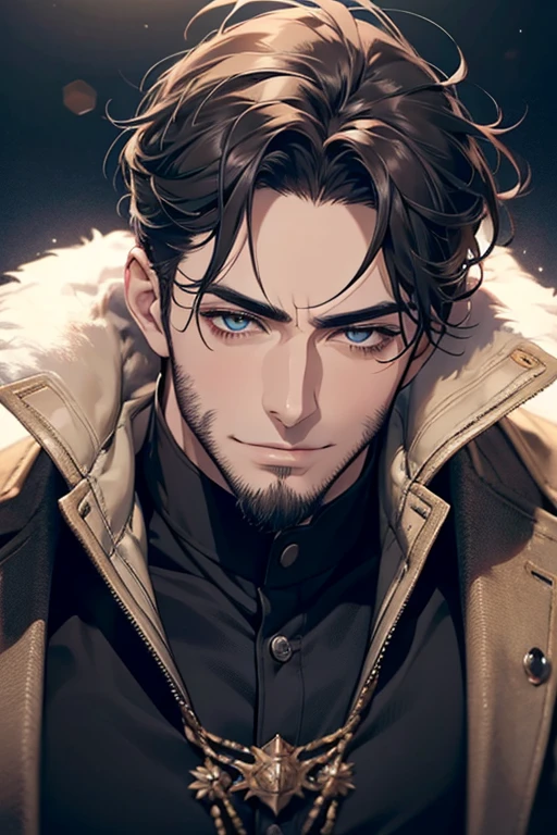 (best quality,4k,8k,highres,masterpiece:1.2),ultra-detailed,(realistic,photorealistic,photo-realistic:1.37),30 year old man,3 day beard,handsome anime,portraits,strong,masculine,dark hair,sharp jawline,mesmerizing eyes,perfectly styled hair,cool anime outfit,confident expression,vibrant colors,dynamic lighting, CEO and expression smile in love.