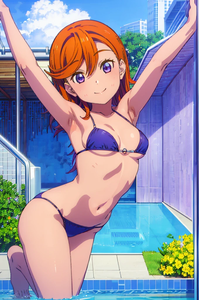 (((pixel-perfect, detail-perfect))), solo, 1girl, kanon shibuya, eyes violet, hair orange, smile, pool, bikini, armpit, medium filesize, ultra High Qality
