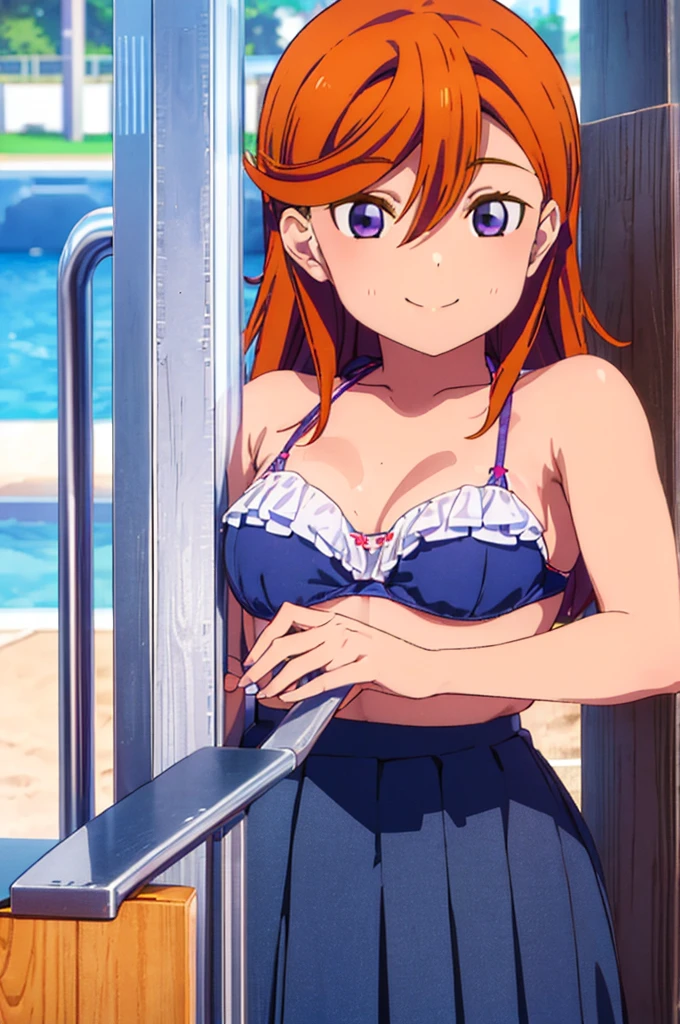 (((pixel-perfect, detail-perfect))), solo, 1girl, kanon shibuya, eyes violet, hair orange, smile, pool, bikini, armpit, medium filesize, ultra High Qality