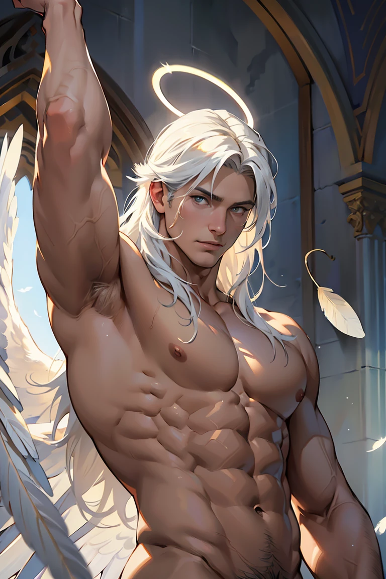 Close up, white angel wing, mature male, muscular, naked, veins, anthropomorphic, detailed body, Best quality, masterpiece, ultra high res, detailed background, realistic, real shadow and light, depth of field, (looking at viewer), feather, halo, white long hair, at sanctuary.
