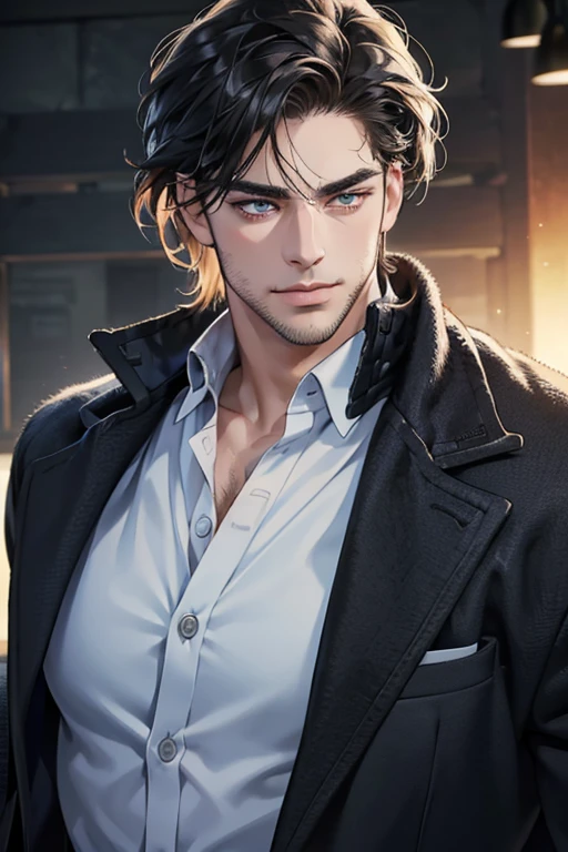 (best quality,4k,8k,highres,masterpiece:1.2),ultra-detailed,(realistic,photorealistic,photo-realistic:1.37),30 year old man,3 day beard,handsome anime,portraits,strong,masculine,dark hair,sharp jawline,mesmerizing eyes,perfectly styled hair,cool anime outfit,confident expression,vibrant colors,dynamic lighting, CEO and expression smile in love.
