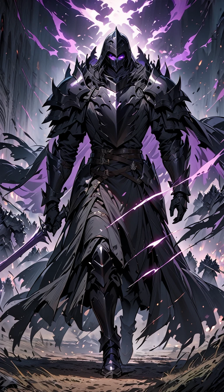 male black shadow ghost knight in a battlefield, shadow, black, knight, ghost knight, full body view, facing front, shadow knight, glowing purple eyes, black smoke, dark, masterpiece, masterpiece lighting, many knights following