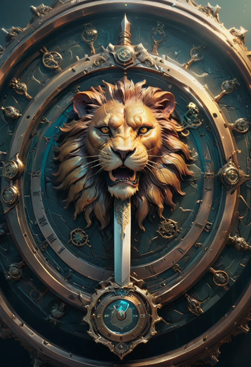 Epic Shield, por Beeple, melhorar, intricate, (best qualityer, work of art, Representative work, offcial art, proffesional, 8K) Flat 2D effects,in the center of the medallion is a sword there is a lion, on the right paw there is a clock, on the left paw, hour glass