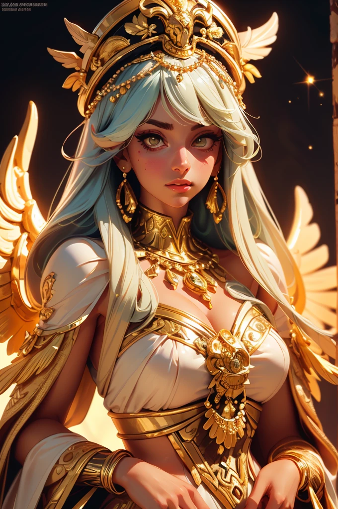  beautiful goddess isis, egyptian goddess, alphonse mucha style, detailed crown, queenie gesture, ornate headdress, flowing robes, golden skin, piercing eyes, intricate details, ethereal lighting, dreamlike atmosphere, vibrant colors, dramatic pose, masterpiece, 8k, ultra-detailed, photorealistic, cinematic, glowing aura