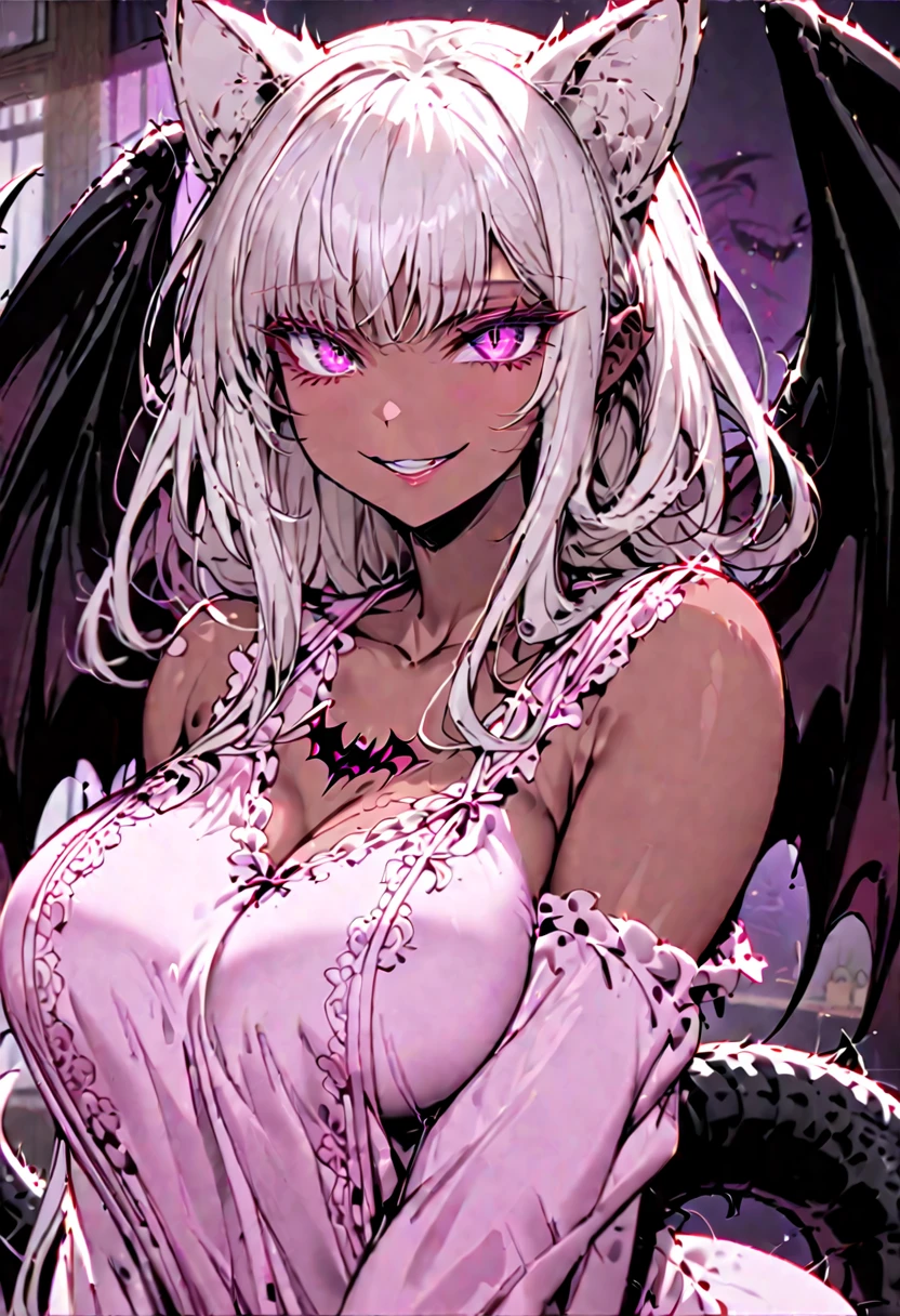 Solo, female, cat ears, long white hair, deep dark pink eyes, huge woman, tall, broad shoulders, large breasts, bedroom, white furry claws, furry arms, pink negligee, smile, tan skin, white and brown fur, close up, huge bat wings, huge scorpion tail, shy smile, paws, looming over viewer