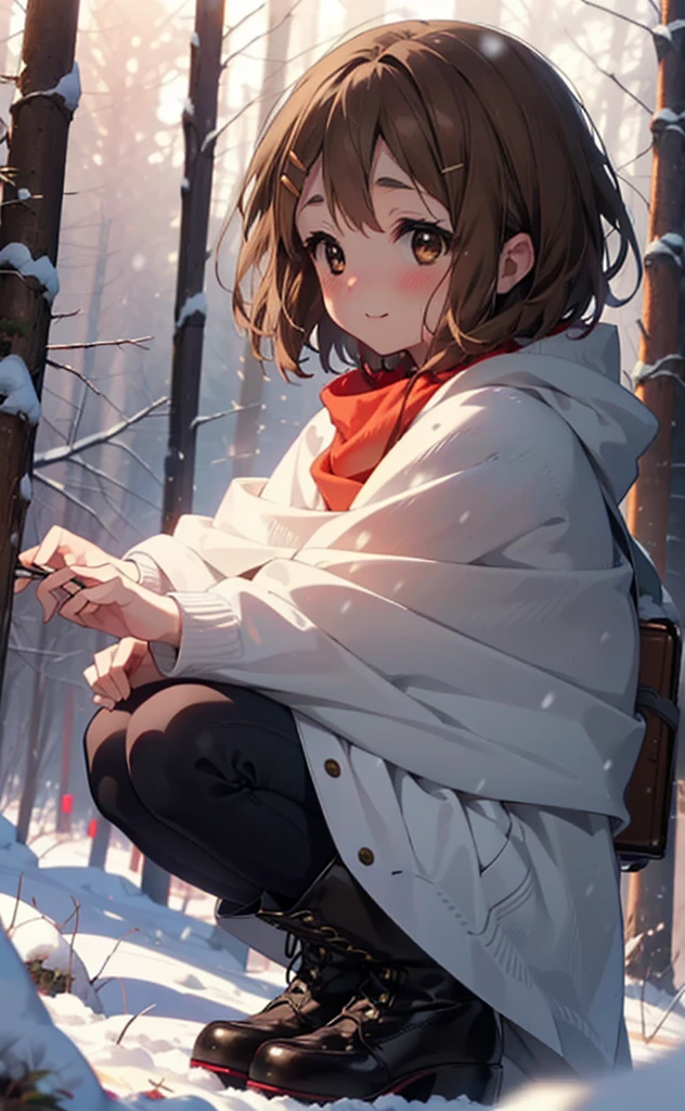 yuihirasawa, Yui Hirasawa, short hair, Brown Hair, hair ornaments, (Brown eyes:1.5), Hair Clip、smile,smile,blush,White Breath,
Open your mouth,snow,Ground bonfire,, Outdoor, boots, snowing, From the side, wood, suitcase, Cape, Blurred, , forest, White handbag, nature, Squat, Mouth closed, Cape, winter, Written boundary depth, Black shoes, red Cape break looking at viewer, Upper Body, whole body, break Outdoor, forest, nature, break (masterpiece:1.2), Highest quality, High resolution, unity 8k wallpaper, (shape:0.8), (Beautiful and beautiful eyes:1.6), Highly detailed face, Perfect lighting, Highly detailed CG, (Perfect hands, Perfect Anatomy),