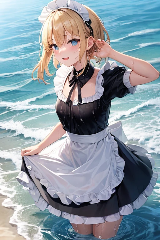 (Super best quality)(Highest quality)(Attention to detail)
Maid clothes, White apron, Headband, (Fashionable clothes)
Gothic Dress, ribbon, Maid clothes, (白と黒のMaid clothes), Normal collar, Classic, Short sleeve, 
Ocean, Beach, (Wave, Wave打ち), 高Wave, 荒Wave, In the water, (Waterlogged), Water Play, 
((Even my clothes are wet 1.1))((Even my clothes are soaked in water)), (Water drop 1.1), Soaking wet, ((Deep water depth)) ((Deeply immersed))
Blonde, Blue Eyes, Cat ear, cute, Naughty, The best smile, Water droplets all over the body((全身にWater drop 1.1)), Long, Water drops on my arms, Water drips from the clothes, Small breasts, Less exposure, Floating offshore, The clothes are sinking, Submersion, 