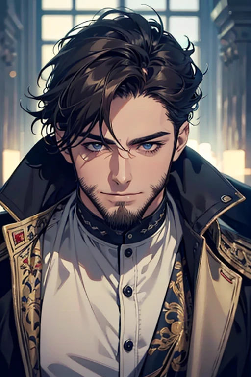 (best quality,4k,8k,highres,masterpiece:1.2),ultra-detailed,(realistic,photorealistic,photo-realistic:1.37),30 year old man,3 day beard,handsome anime,portraits,strong,masculine,dark hair,sharp jawline,mesmerizing eyes,perfectly styled hair,cool anime outfit,confident expression,vibrant colors,dynamic lighting, CEO and expression smile in love.