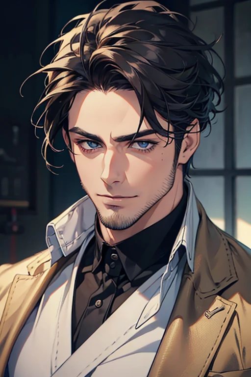 (best quality,4k,8k,highres,masterpiece:1.2),ultra-detailed,(realistic,photorealistic,photo-realistic:1.37),30 year old man,3 day beard,handsome anime,portraits,strong,masculine,dark hair,sharp jawline,mesmerizing eyes,perfectly styled hair,cool anime outfit,confident expression,vibrant colors,dynamic lighting, CEO and expression smile in love.
