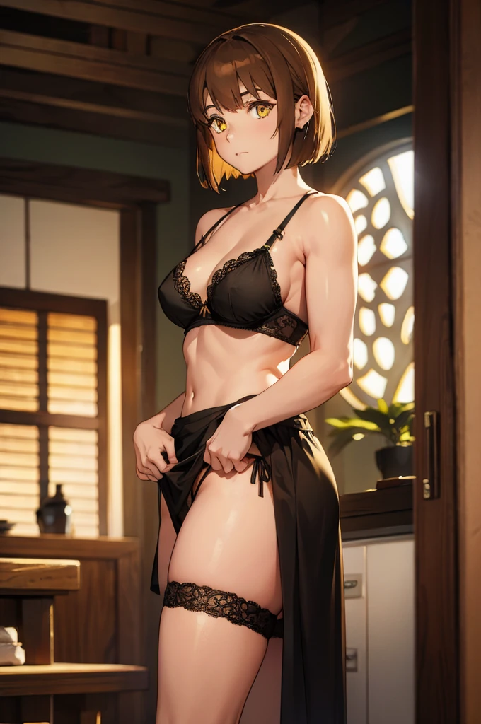 1 girl, marci, brown hair, loose hair, lob haircut, yellow eyes, detailed eyes, black stockings, ((black lingerie)), slightly bigger thighs, (muscular body)