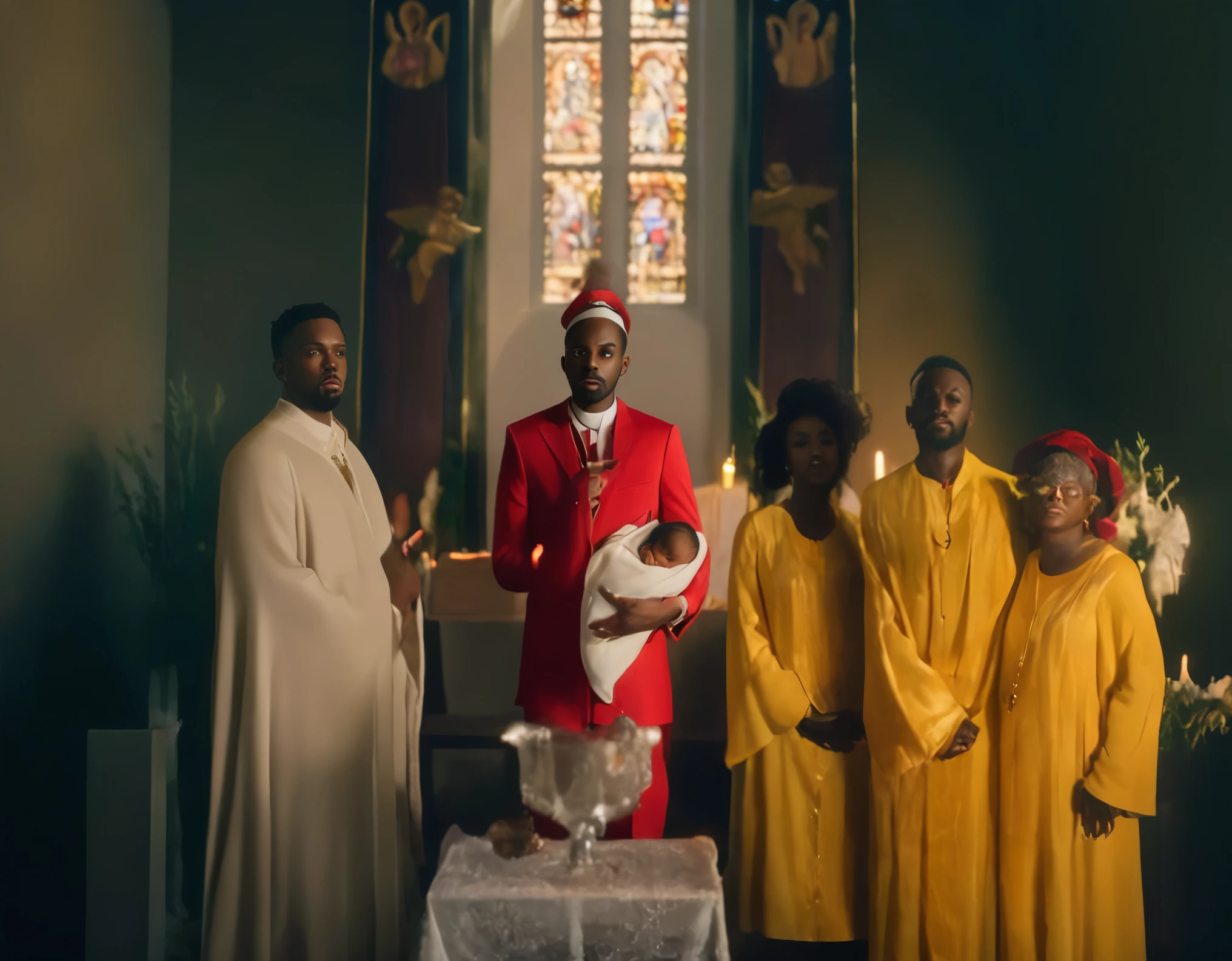 An ultra realistic church altar, Gothic style, in front of the pupto in the center we have a black man, holding a newborn baby wrapped in a white blanket, on the left side we have a priest with open arms with an astonished look and on the right side a choir with white clothes and white veils looking at the man with an appearance of fear. The man in the red blazer and red hat holds the baby as if he was going to baptize it