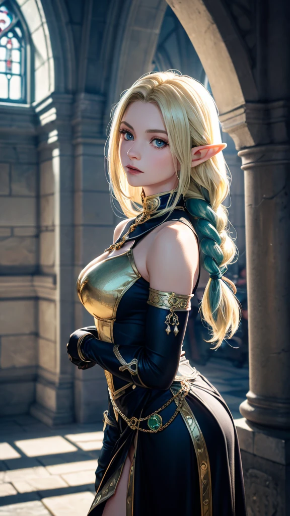 RAW, professional photograph, medium shot, photorealistic, hyper-realistic, ray tracing, super detail, UHD, 8k, female elf, twenty years old, goddess, gold jewelry, athletic body, soft facial features, braided hair, long hair, blonde hair, emerald eyes, white & blue armor, gothic castle, gothic architecture