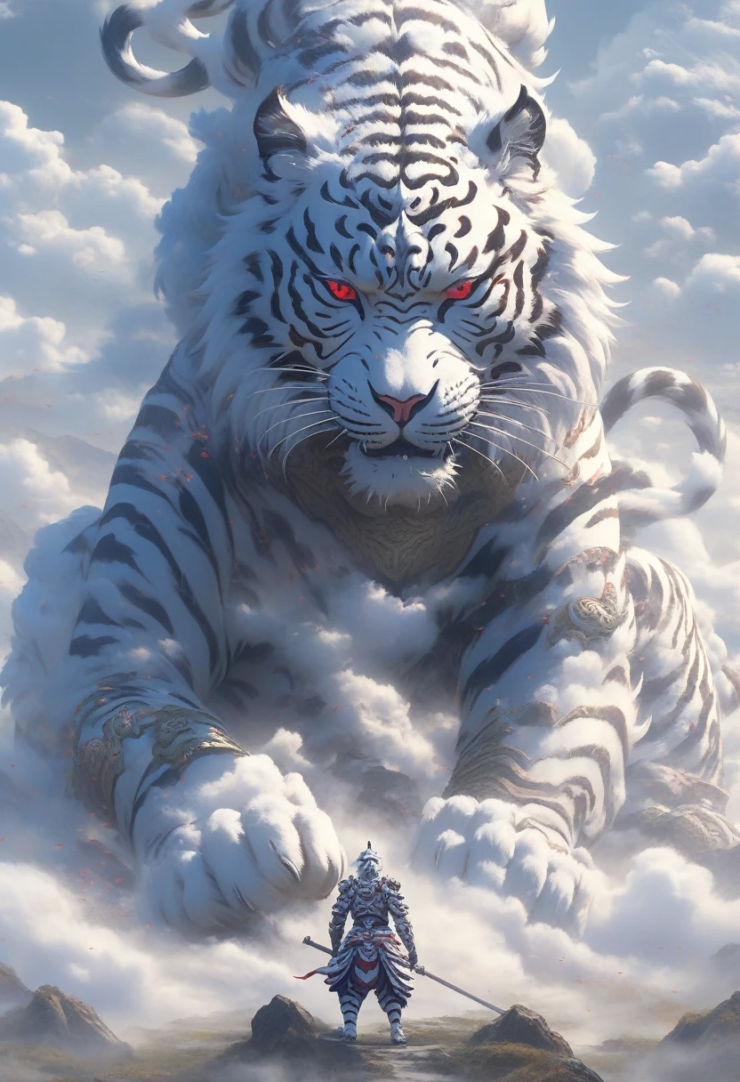 Surrealist art,BJ_sacred_beast, red eyes, outdoor activities, horn, 스카this스카this, this, few days, cloud, Mostly cloudy skies, sight, smog, Mons, white tiger, 1 person, Wearing ancient chinese Armor,chinese_Armor,alone,Standing in front of white tiger,Turn your back on the viewers,,light,strong contrast,high level of detail,best quality best,masterpiece, Very high resolution details, of the photo, Realism taken to extremes, fine texture, 극도로 현실적this다