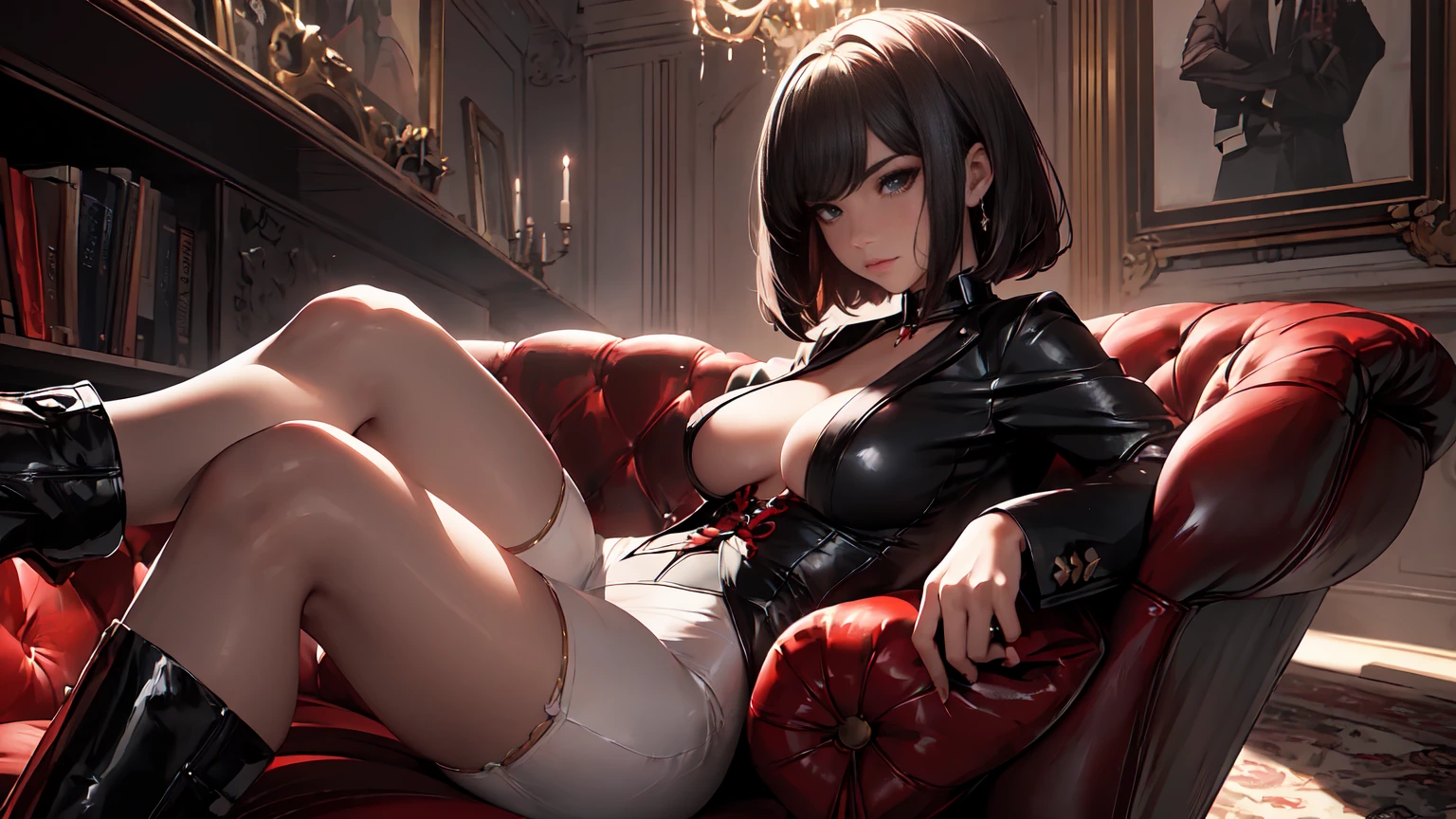 (Masterpiece, Best Quality, Ultra High Resolution , Digital Art,Beautiful and Aesthetic )Perfect proportions of the body especially the hands , not an ordinary perspective . .the whole body is covered by clothes. (strict posture , One Fashionable adult girl with a short oblique bob, slender figure, expressive and dominating look ) in modern men's suit in youth style , matte black color , lovely thin white but long tie , (silk thick threads of red color connect the necklines on the sides of the whole suit) , . The character sits on a large massive sofa with lots of leather and metal patterns on it in vintage style , an interesting and atmospheric pose that characterizes the character ,(Photorealistic style combined 2.5D . Realistic picture , realistic anatomy , beautiful perspective . Best image quality , depth , pastel color , Natural shading , focus on the face , Big Hair ( black with red gelding ) , well detailed eyes , detailed background in modern boudoir style . )