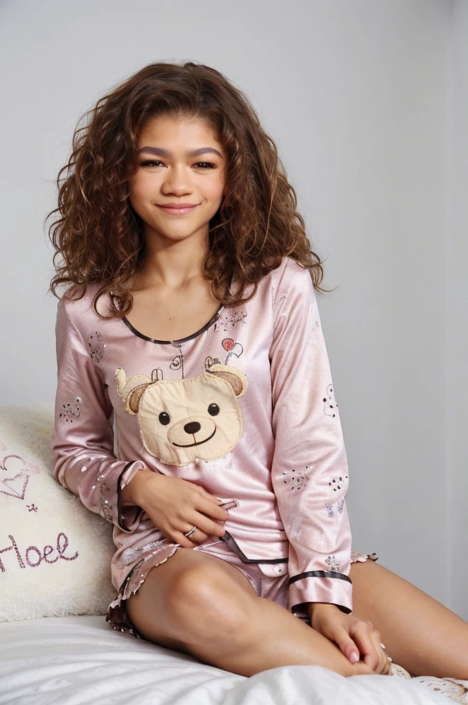 a Zendaya with messy brown curly hair, looking sleepy smiling, wearing cute pajamas, holding a tattered stitch, patched up teddy, Child’s Bedroom background sitting on a white fluffy shaggy hair bean bag