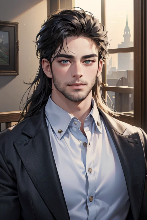 (best quality,4k,8k,highres,masterpiece:1.2),ultra-detailed,(realistic,photorealistic,photo-realistic:1.37),30 year old man,3 day beard,handsome anime,portraits,strong,masculine,dark hair,sharp jawline,mesmerizing eyes,perfectly styled hair,cool anime outfit,confident expression,vibrant colors,dynamic lighting, CEO and expression smile in love.