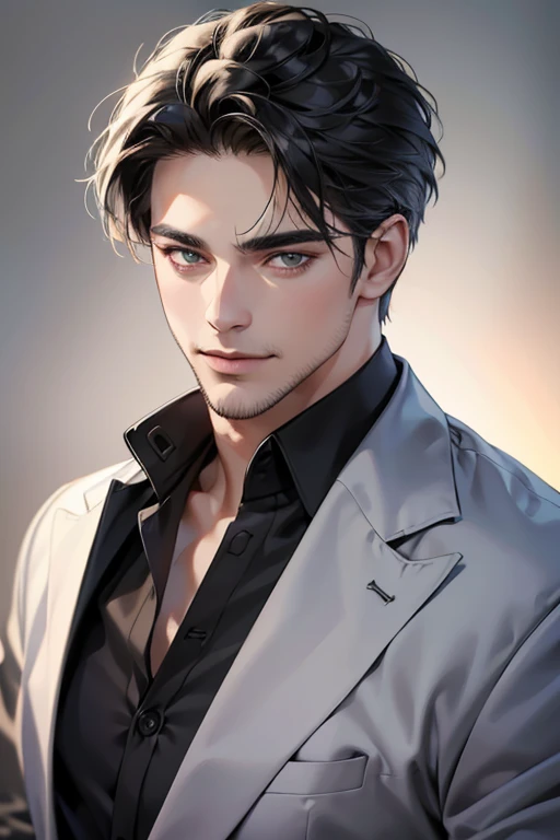 (best quality,4k,8k,highres,masterpiece:1.2),ultra-detailed,(realistic,photorealistic,photo-realistic:1.37),30 year old man,3 day beard,handsome anime,portraits,strong,masculine,dark hair,sharp jawline,mesmerizing eyes,perfectly styled hair,cool anime outfit,confident expression,vibrant colors,dynamic lighting, CEO and expression smile in love.
