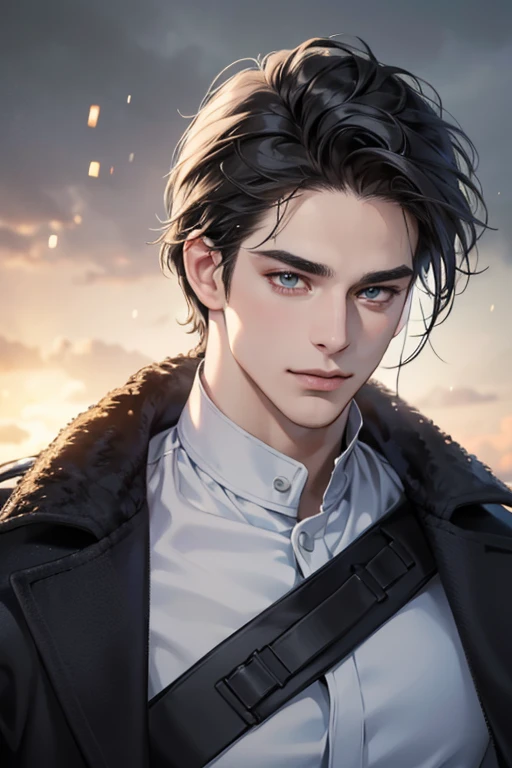 (best quality,4k,8k,highres,masterpiece:1.2),ultra-detailed,(realistic,photorealistic,photo-realistic:1.37),30 year old man,3 day beard,handsome anime,portraits,strong,masculine,dark hair,sharp jawline,mesmerizing eyes,perfectly styled hair,cool anime outfit,confident expression,vibrant colors,dynamic lighting, CEO and expression smile in love.