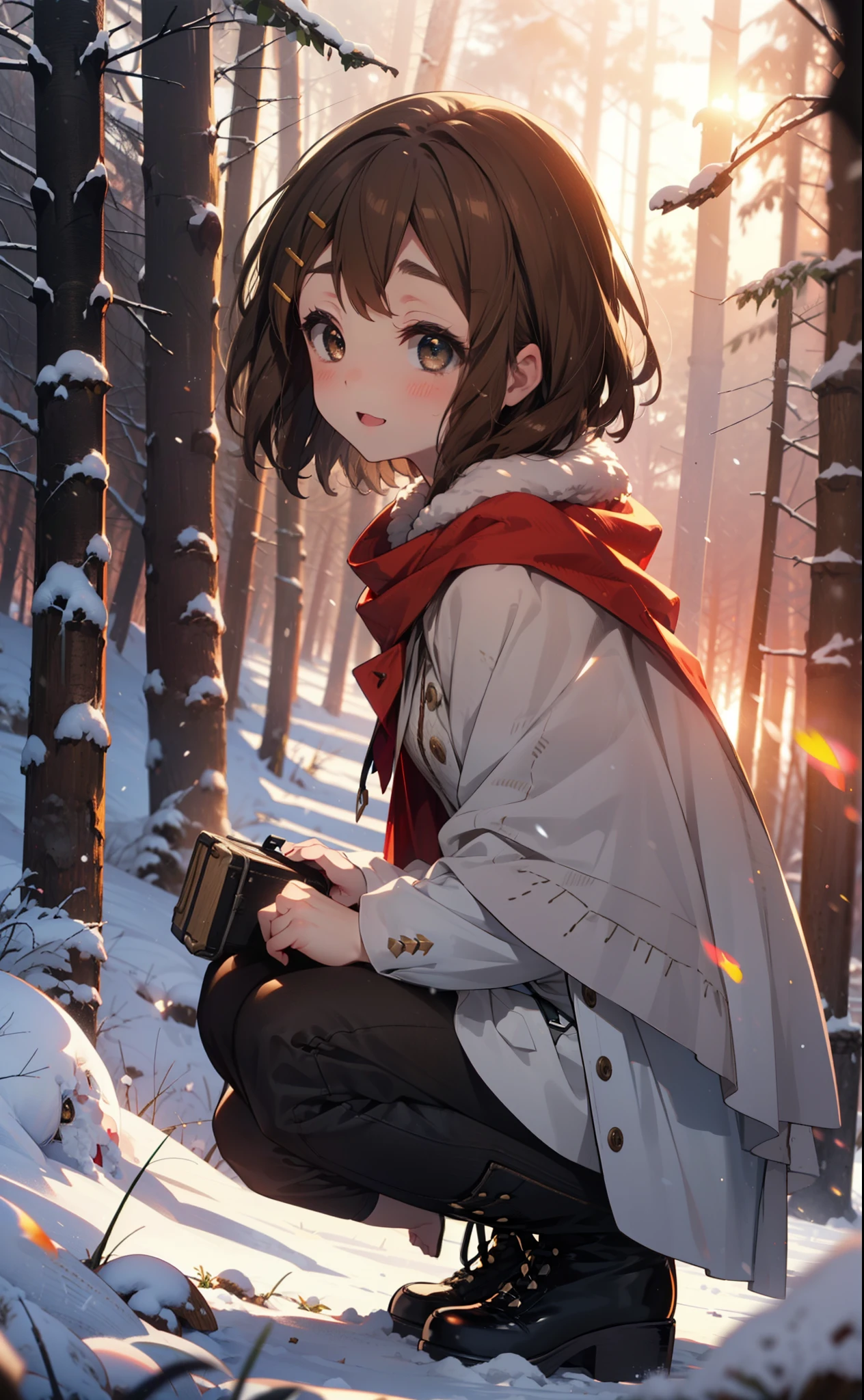 yuihirasawa, Yui Hirasawa, short hair, Brown Hair, hair ornaments, (Brown eyes:1.5), Hair Clip、smile,smile,blush,White Breath,
Open your mouth,snow,Ground bonfire,, Outdoor, boots, snowing, From the side, wood, suitcase, Cape, Blurred, , forest, White handbag, nature,  Squat, Mouth closed, Cape, winter, Written boundary depth, Black shoes, red Cape break looking at viewer, Upper Body, whole body, break Outdoor, forest, nature, break (masterpiece:1.2), Highest quality, High resolution, unity 8k wallpaper, (shape:0.8), (Beautiful and beautiful eyes:1.6), Highly detailed face, Perfect lighting, Highly detailed CG, (Perfect hands, Perfect Anatomy),