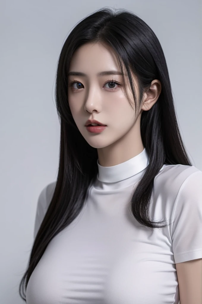 1girl, adult, black hair, choker, white shirt, large breasts, upper body, close up, empty look