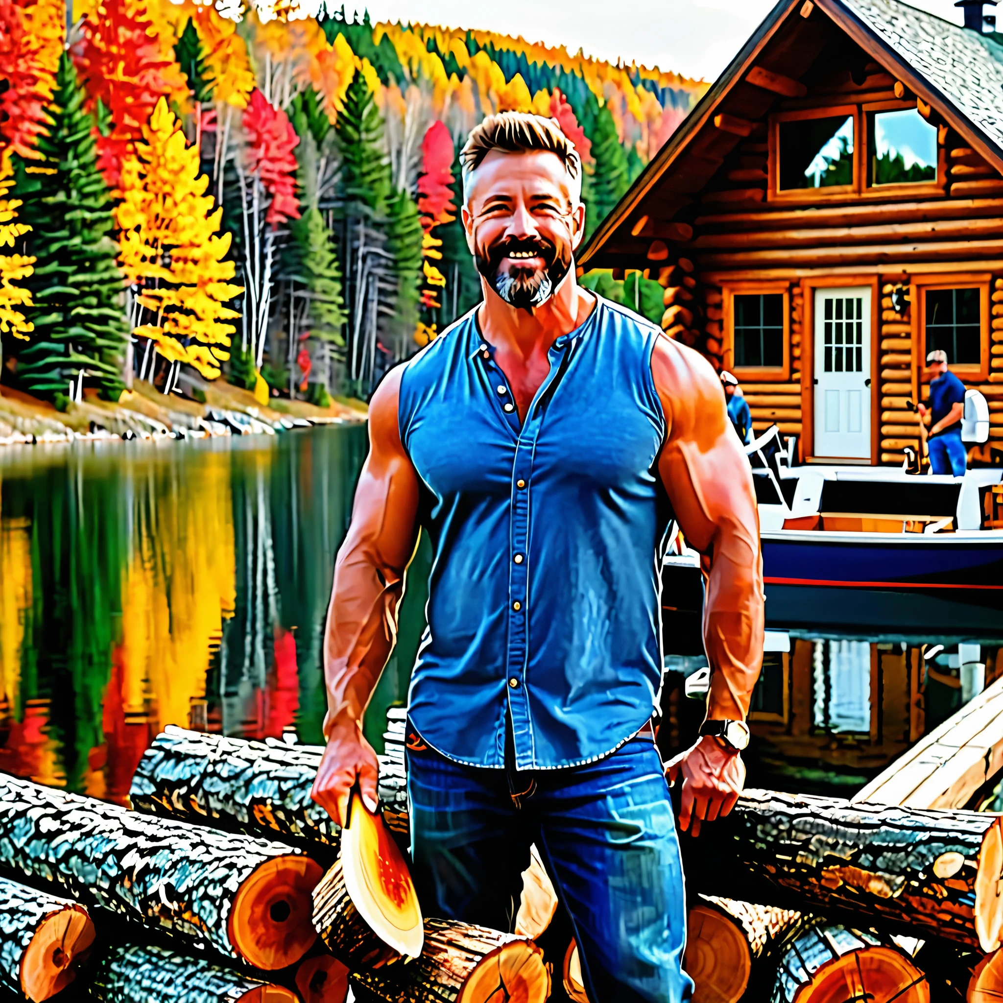 A handsome rugged man with big muscles, short random colored hair, well-manicured beard and mustache and big blue eyes. Wearing blue jeans and a flannel shirt. Chopping wood in front of a luxury log cabin next to a magnificent lake with a boat dock. It is Autumn and the trees are turning bright red, orange and yellow. Style of (Muscle Core:1.6). (Distant full body view:1.5). Hyper realistic photo, vibrant colors, 16k