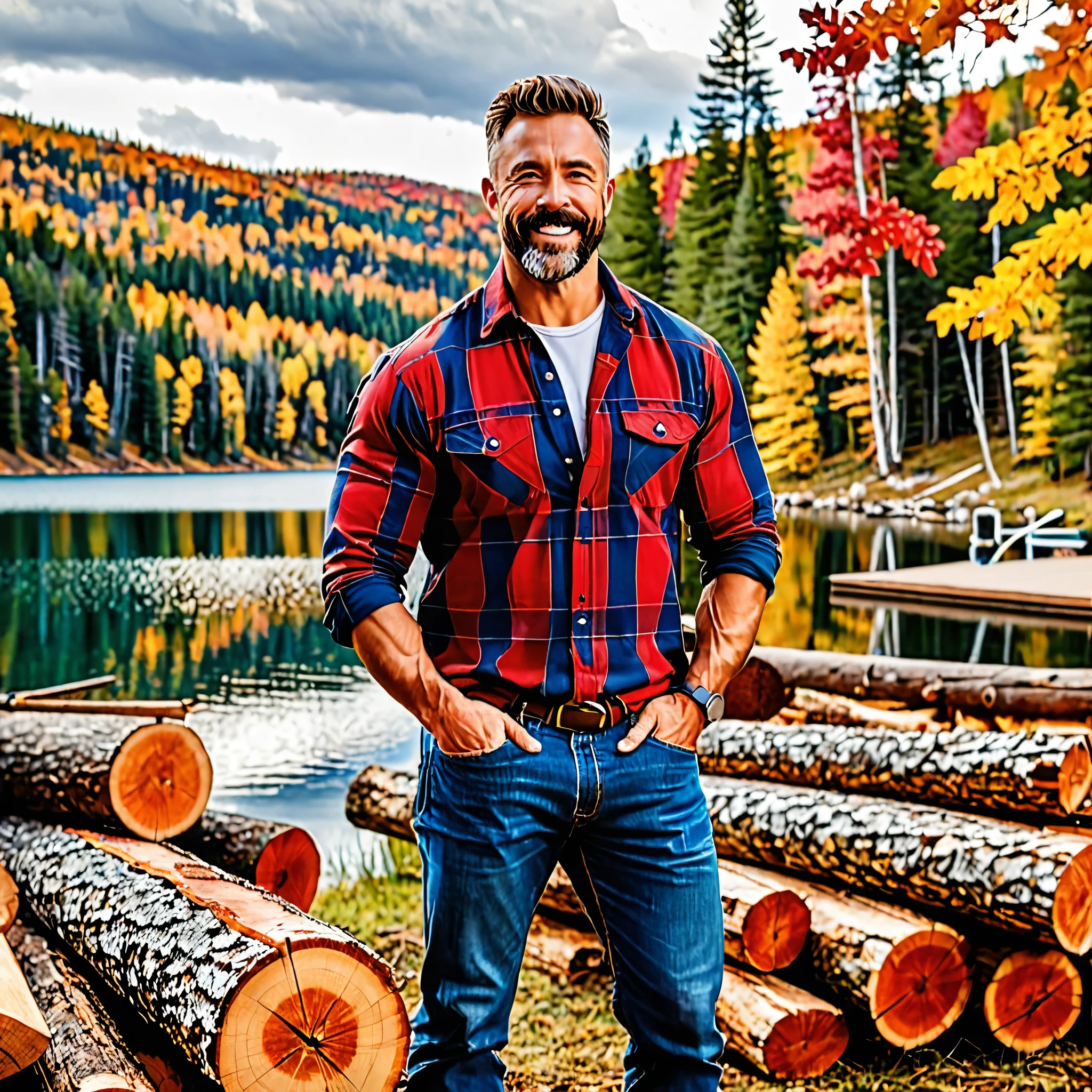 A handsome rugged man with big muscles, short random colored hair, well-manicured beard and mustache and big blue eyes. Wearing blue jeans and a flannel shirt. Chopping wood in front of a luxury log cabin next to a magnificent lake with a boat dock. It is Autumn and the trees are turning bright red, orange and yellow. Style of (Muscle Core:1.6). (Distant full body view:1.5). Hyper realistic photo, vibrant colors, 16k