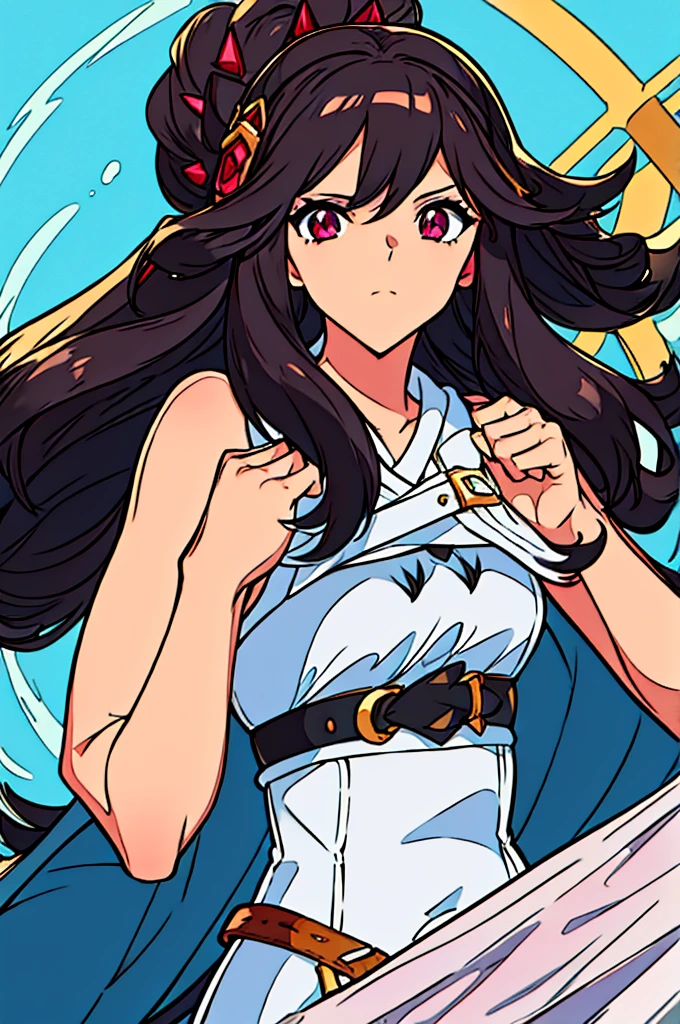 Rosalinda is a girl with long dark hair., tanned complexion, ruby eyes and musketeer estime