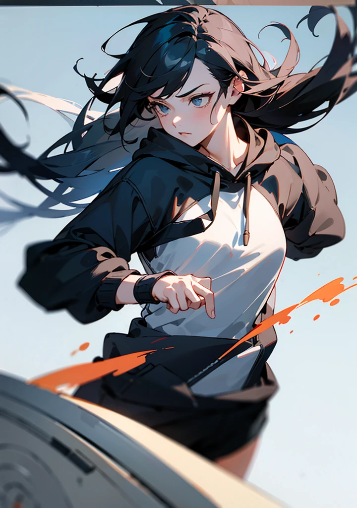 ((best quality)), ((masterpiece)), (detailed), 1girl, black hoodie, long hair, beautiful, cool, badass, action, black hair, genius