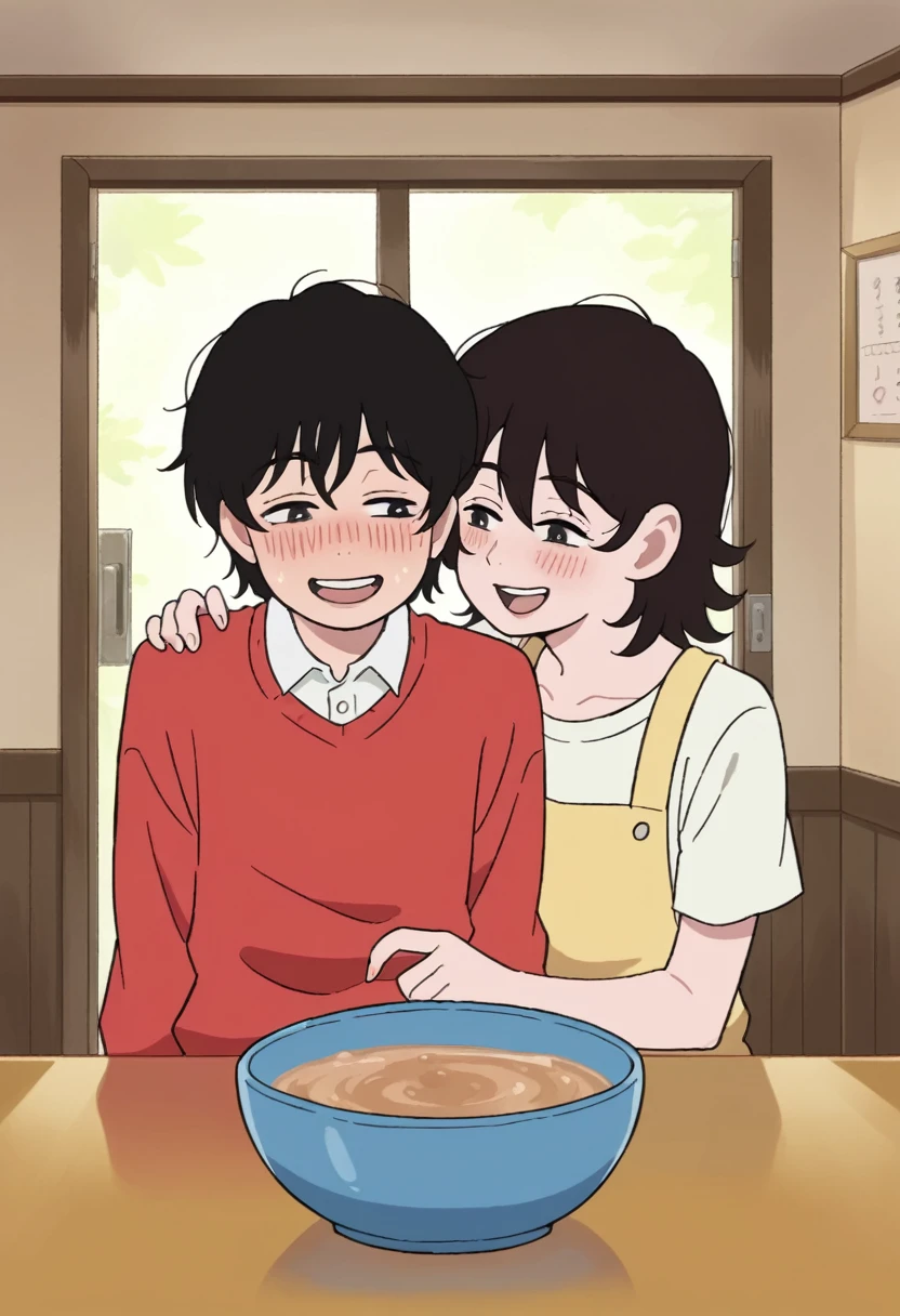 Two anime-style girls in a cozy room. The character on the left has medium-length, messy long black hair and wears a red sweater. They have a subtle, warm smile, showing a sense of contentment, and slightly blushed cheeks. The character on the right, with short brown hair and wearing a simple white shirt, leans close with their mouth open as if talking or laughing. They have a lively and expressive demeanor with blushed cheeks. Both characters are in an affectionate and friendly pose, with the right character's arm around the left's shoulder. In the background, there's a wooden door and a table with a bowl of snacks. The image should reflect a close, warm relationship between the characters, and the style should mimic the detailed, expressive look of the "Look Back" anime.