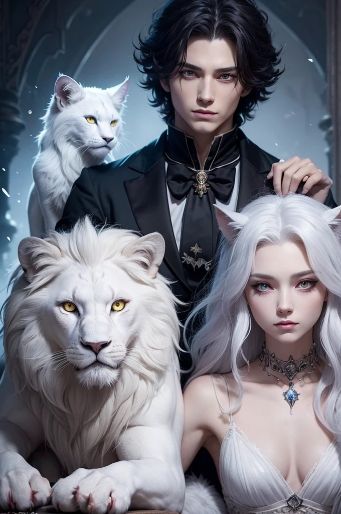 Here is the representation of the beast: a cursed prince transformed into a humanoid creature, white lion mix, cat and crow. The face is almost human, with a touch of anime and Disney style. 🌟