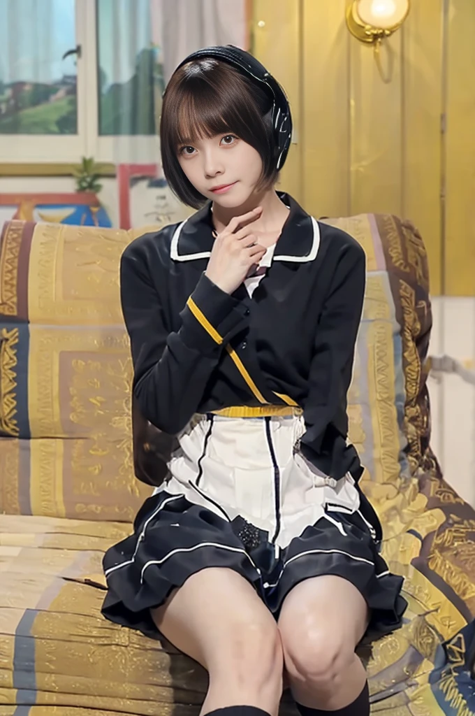 masterpiece、Highest quality、Awareness-raising、Ultra-detailed、High resolution、Absurd、One Girl、very cute、short hair、smile、[Sailor suit in white tones]、internal、shoulders are cut off、Yellow neckerchief、White ribbon、[Headphones]、Audiences love it、Heart background、Love love、Optics、Delicate hands、Chiquita、she、Bedroom、night、Delicate eyes、Blue Archive Style、NSFW、(((Lift your skirt up yourself))),Panties Off,socks, (Black knee socks),(Loafer shoes), A horizontal seat with its back to the window、(Boy and girl having sex)，Pantylesilky white fluid around the vaginal opening）），Sitting in a chair,Big Breasts, ( Naughty, Half-open eyes, Drooling), Spread your legs, Thigh focus, [Full Body Shot], Shooting from below、((Emma Watson))、Hyperas、A beautiful crack、Hermione、naked、